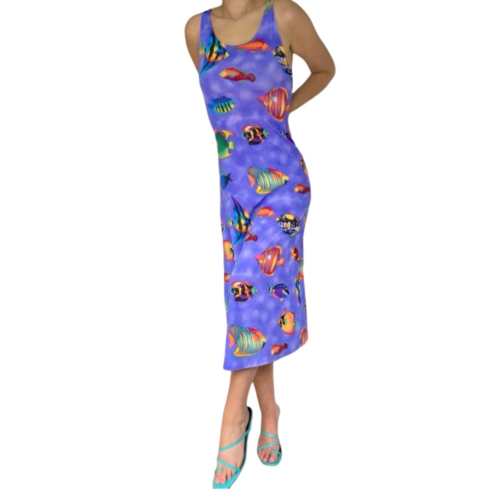 Vintage true 90s Y2K frutiger aero cyber fish print midi dress